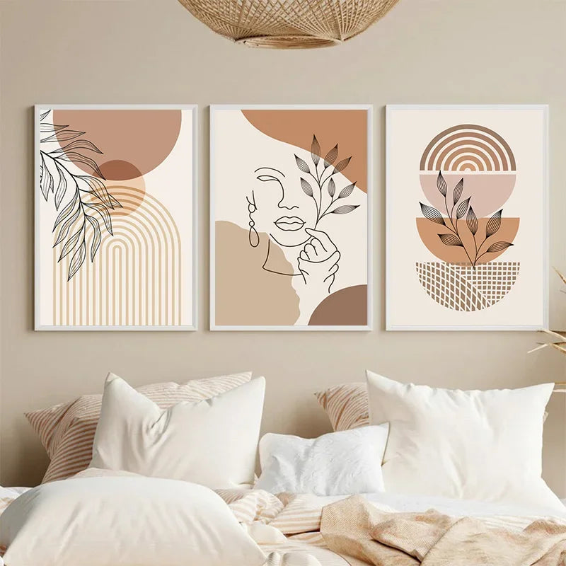 Light Beige Botanical Geometric Abstract Wall Art Fine Art Canvas Prints Gallery Wall Pictures For Living Room Dining Room Bedroom Art Decor