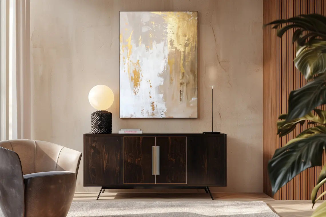 Modern interior with a dark wooden sideboard, abstract painting, and decorative items.