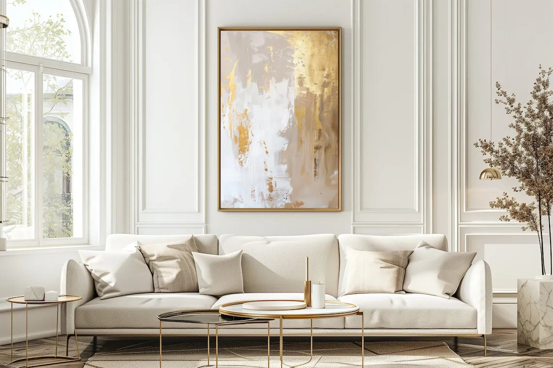 Modern living room with a white sofa, abstract painting, and decorative elements.