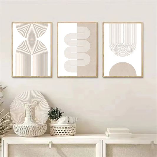 Light Beige Minimalist Abstract Geometric Line Art Wall Art Fine Art Canvas Prints Pictures For Dining Room Bedroom Art For Modern Apartment