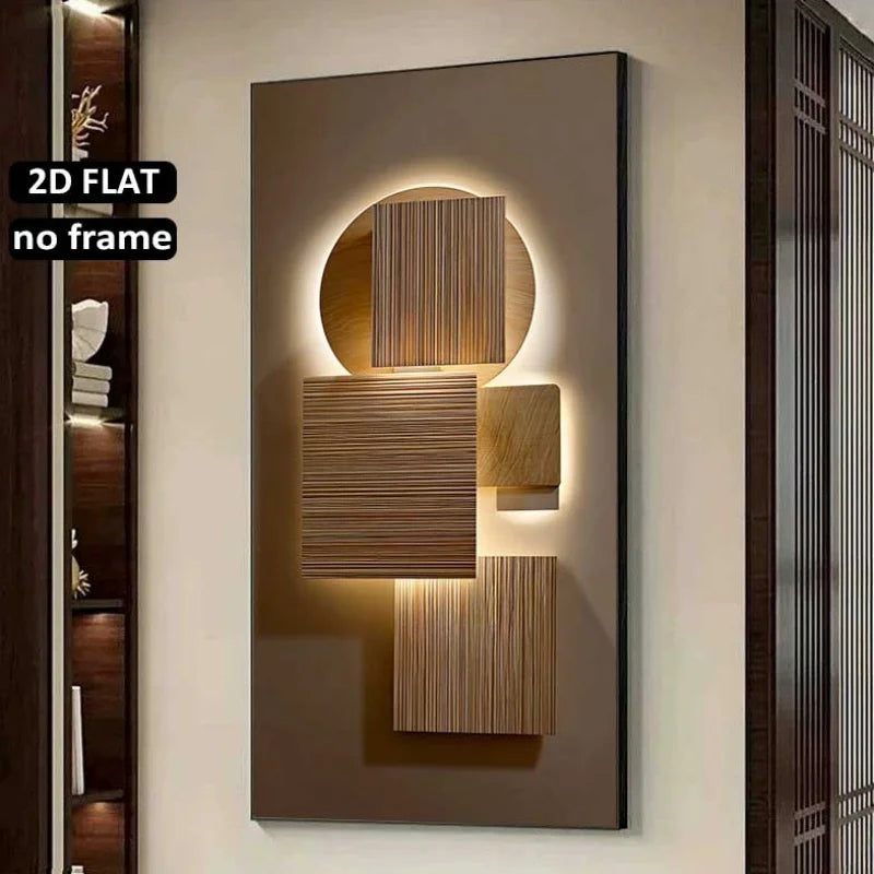 Modern wall art with geometric design on a neutral wall.
