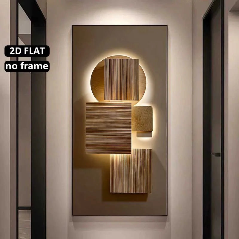Modern wall art with geometric shapes on a neutral wall.