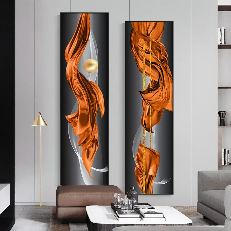 Light Luxury Abstract Golden Drapery Fine Art Canvas Prints Vertical Wall Art Pieces with Rich Amber Hues and Lustrous Orb for Modern Home or Office Decor