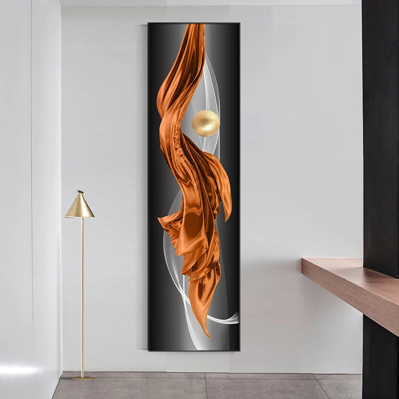 Light Luxury Abstract Golden Drapery Fine Art Canvas Prints Vertical Wall Art Pieces with Rich Amber Hues and Lustrous Orb for Modern Home or Office Decor