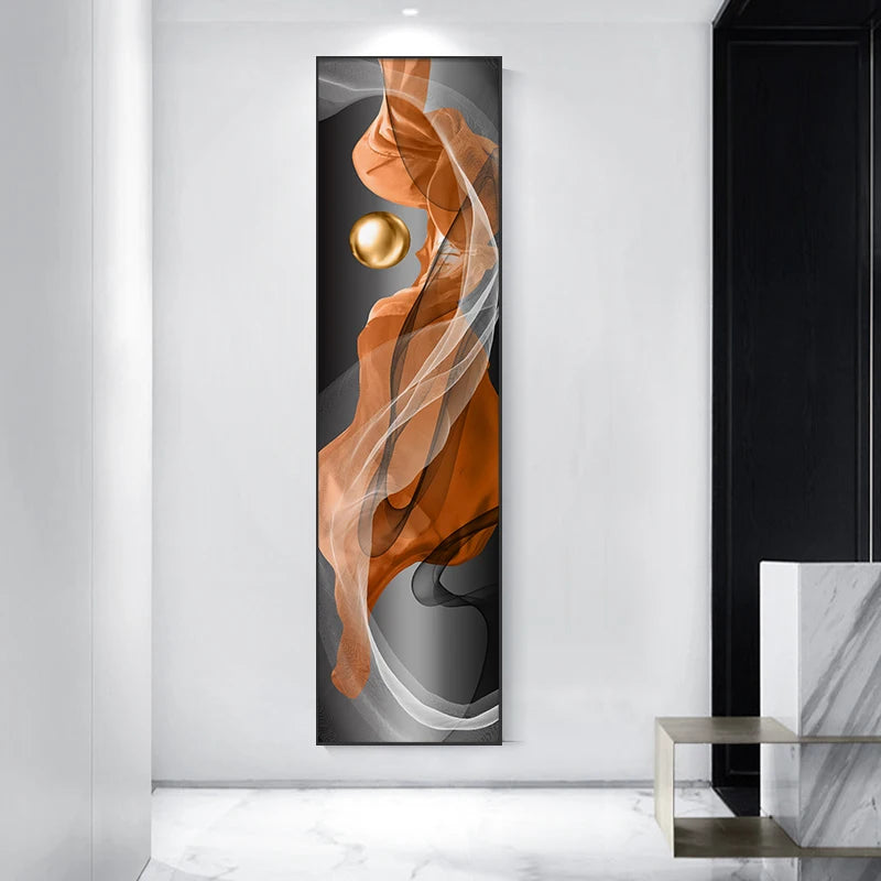 Light Luxury Abstract Golden Drapery Fine Art Canvas Prints Vertical Wall Art Pieces with Rich Amber Hues and Lustrous Orb for Modern Home or Office Decor