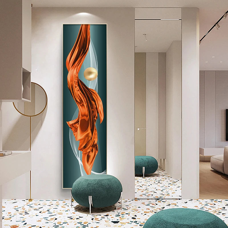 Light Luxury Abstract Golden Drapery Fine Art Canvas Prints Vertical Wall Art Pieces with Rich Amber Hues and Lustrous Orb for Modern Home or Office Decor