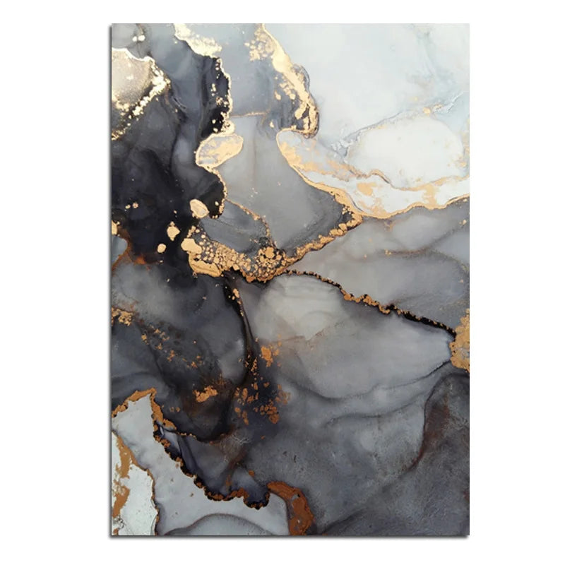 Abstract art piece with gold and black accents on a gray background