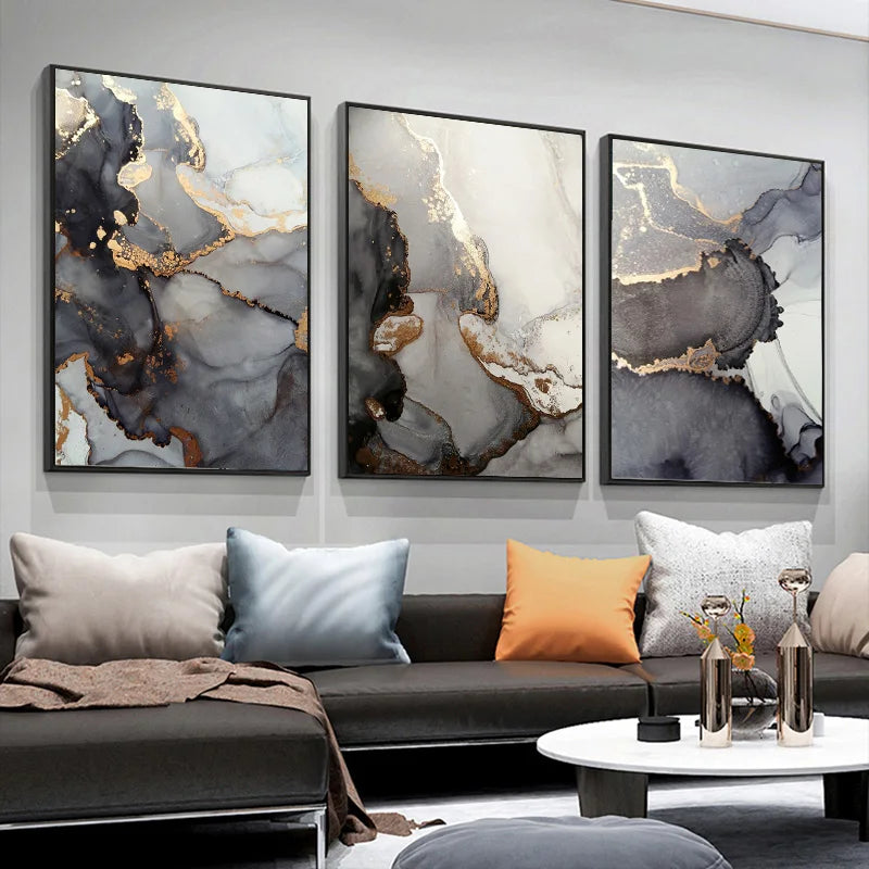 Modern living room with abstract wall art and a sofa with colorful cushions.