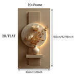 A wall-mounted decorative light fixture shown with dimension labels: a beige rectangular backplate with a circular panel, shelf, and vase holding white flowers and gold botanical stems, plus arrows and text indicating 160 cm height and 80 cm width.