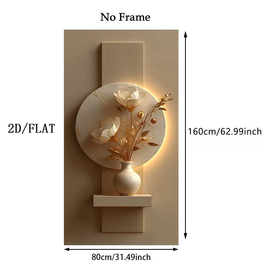 A wall-mounted decorative light fixture shown with dimension labels: a beige rectangular backplate with a circular panel, shelf, and vase holding white flowers and gold botanical stems, plus arrows and text indicating 160 cm height and 80 cm width.