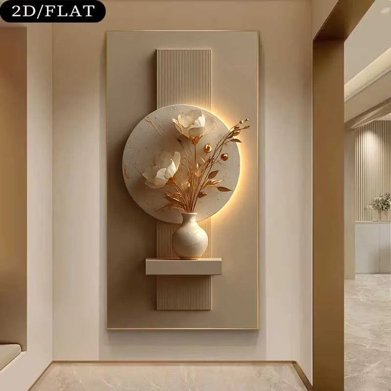 A modern wall-mounted decorative piece featuring a circular stone slab with white floral motifs, a small vase with dried branches, and warm backlighting, shown installed in a beige interior hallway.
