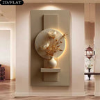 A 2D flat wall art print depicting a modern beige and gold interior design with a circular wall sculpture, a small vase, and dried white flowers, shown hanging in a hallway.