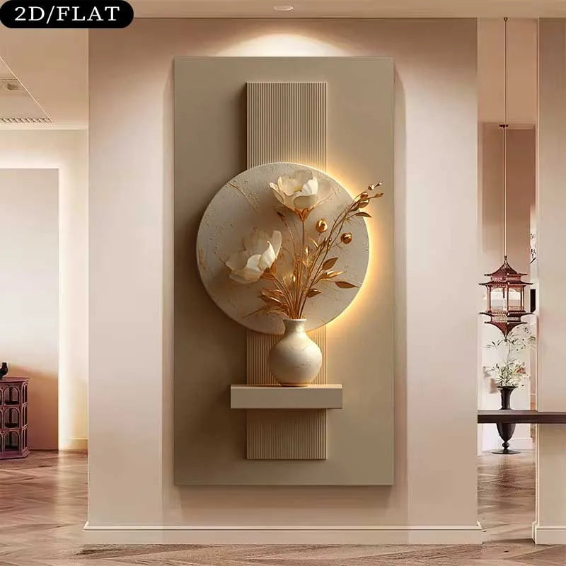 A 2D flat wall art print depicting a modern beige and gold interior design with a circular wall sculpture, a small vase, and dried white flowers, shown hanging in a hallway.