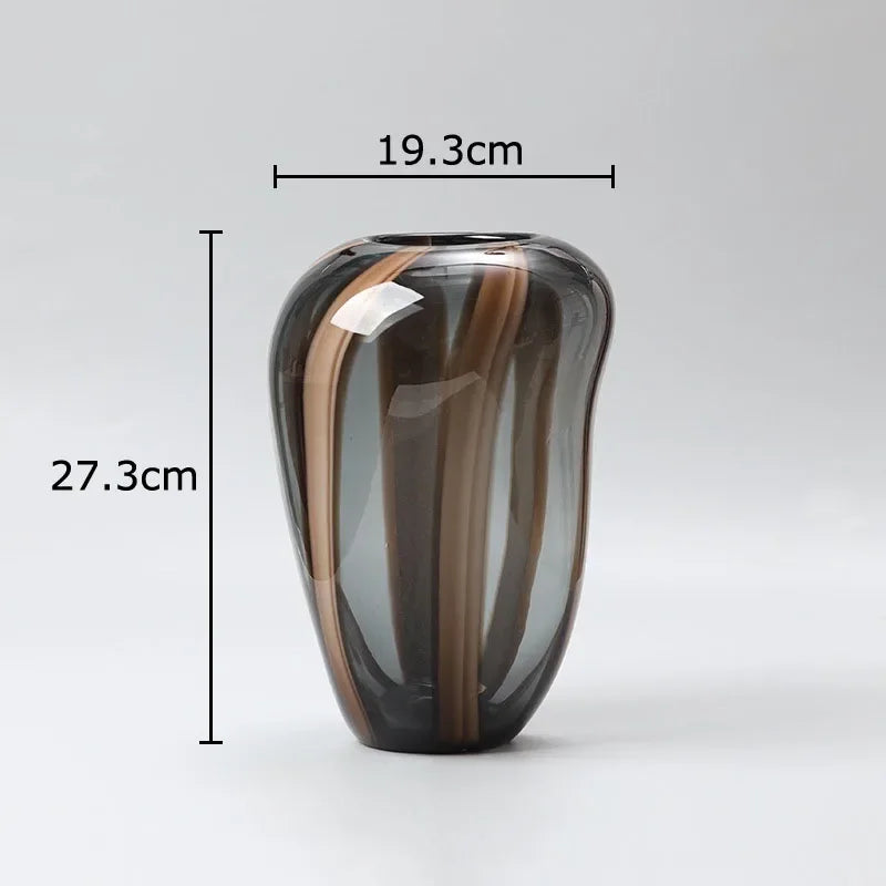 Glass vase with measurement details on a gray background