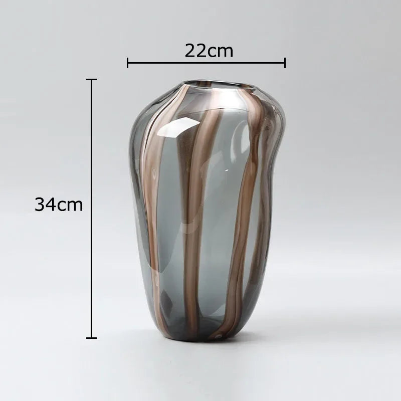 Glass vase with dimensions labeled on a gray background