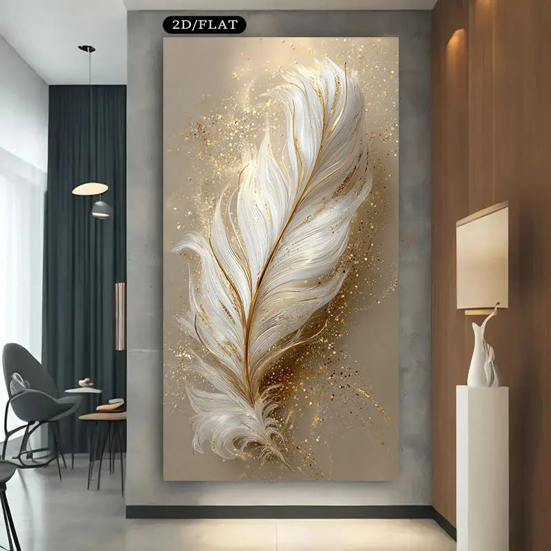 Decorative wall art of a feather with gold accents in a modern interior setting.