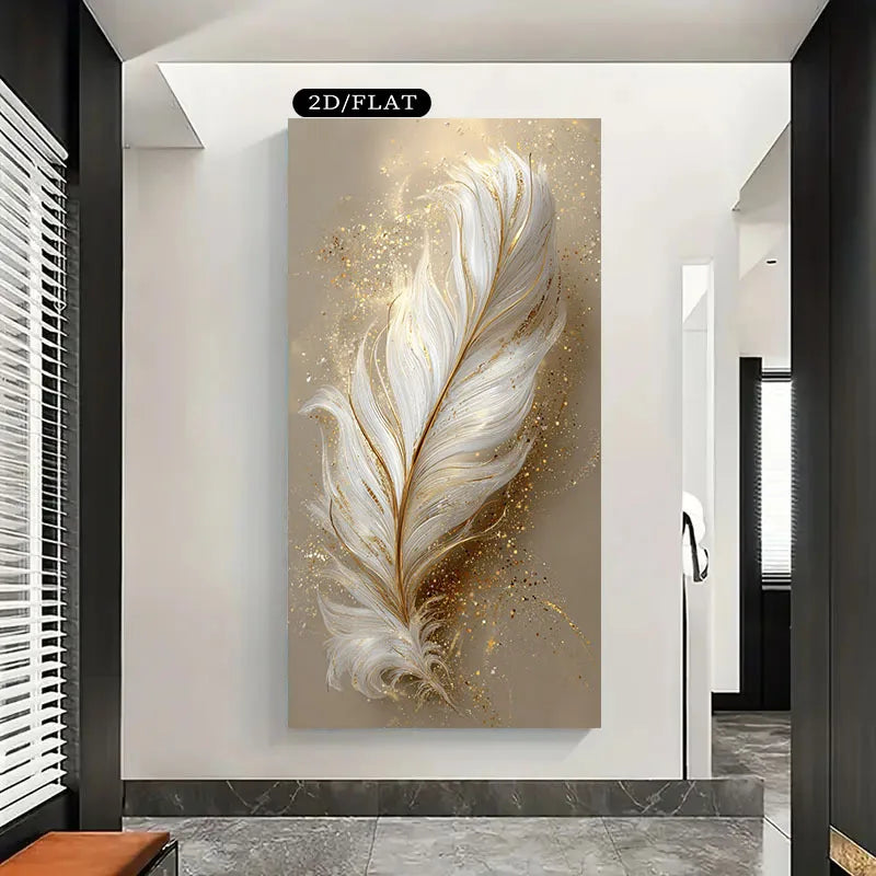 Decorative wall art of a feather with gold accents on a beige background in a modern interior setting.