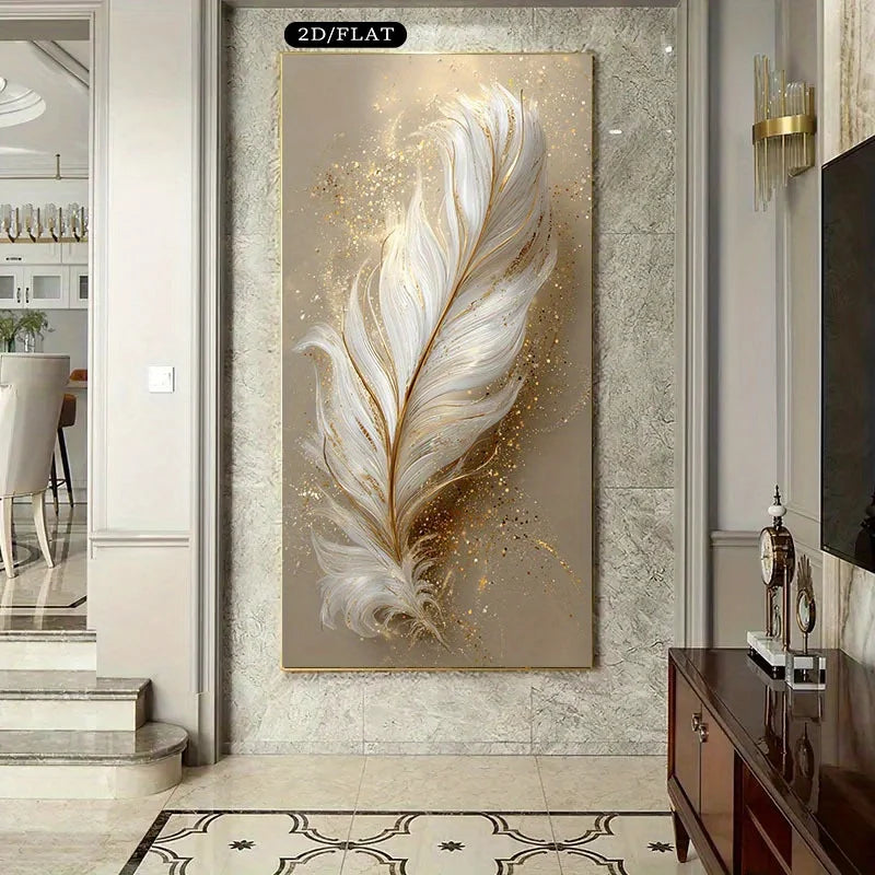 Decorative wall art of a feather with gold accents in a modern living room.
