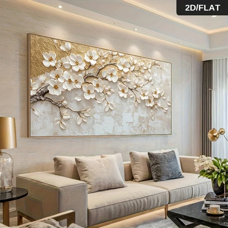 Light Neutral Beige White Blossom Tree Branch Wall Art Fine Art Canvas Print Modern Botanical Artwork For Living Room Large Artwork For The Sofa