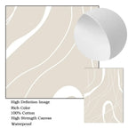 Beige fabric with white abstract patterns and a close-up of the texture.