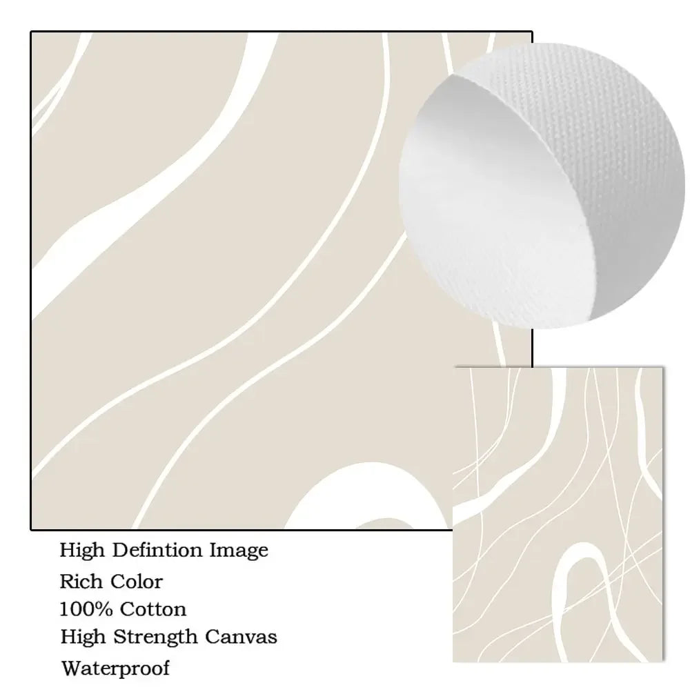 Beige fabric with white abstract patterns and a close-up of the texture.