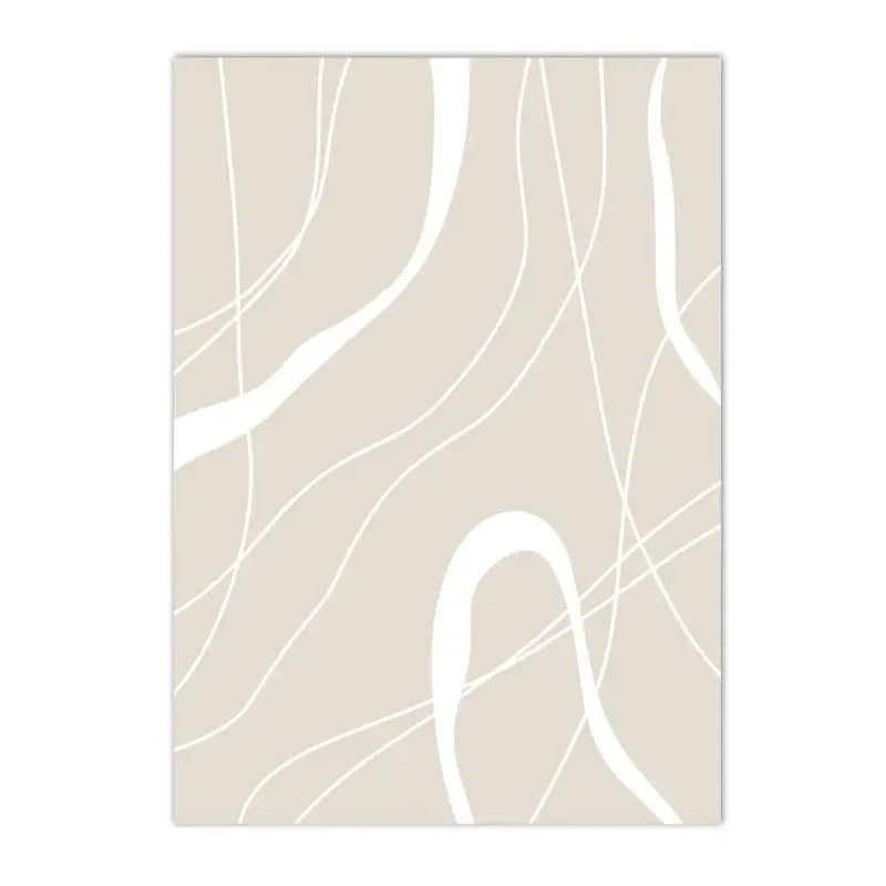 Beige rug with white abstract line design on a white background