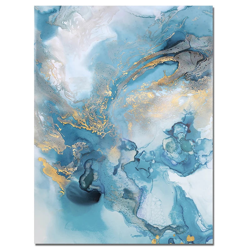 Abstract art piece with blue, gold, and white colors on a white background