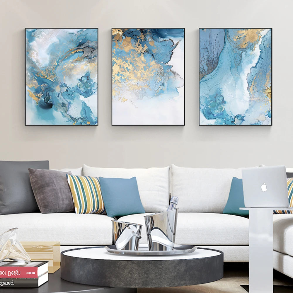 Modern living room with abstract wall art and a white sofa.