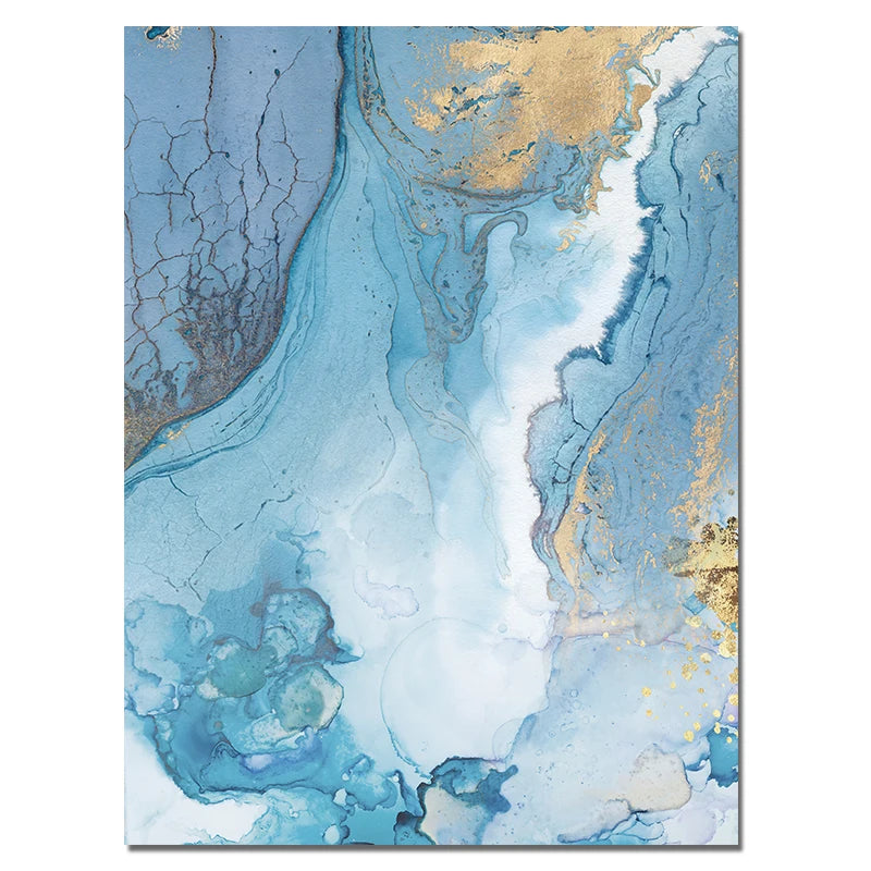 Abstract art print with blue and gold colors on a white background