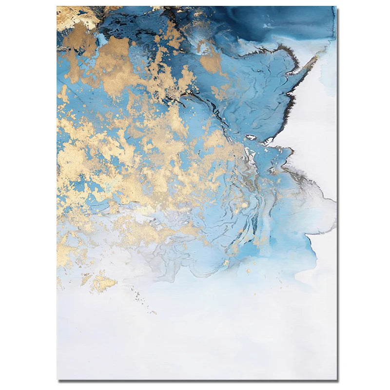 Abstract art print with blue and gold colors on a white background