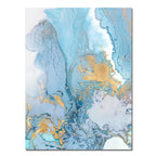 Abstract art print with blue and gold marbled design on a white background