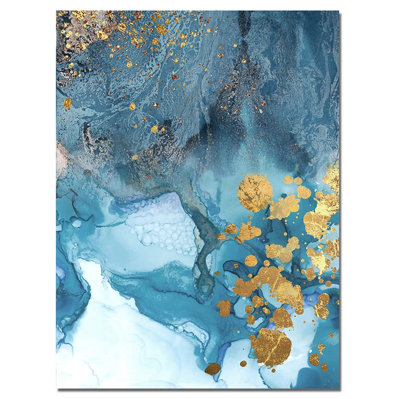 Abstract art print with blue and gold colors on a white background