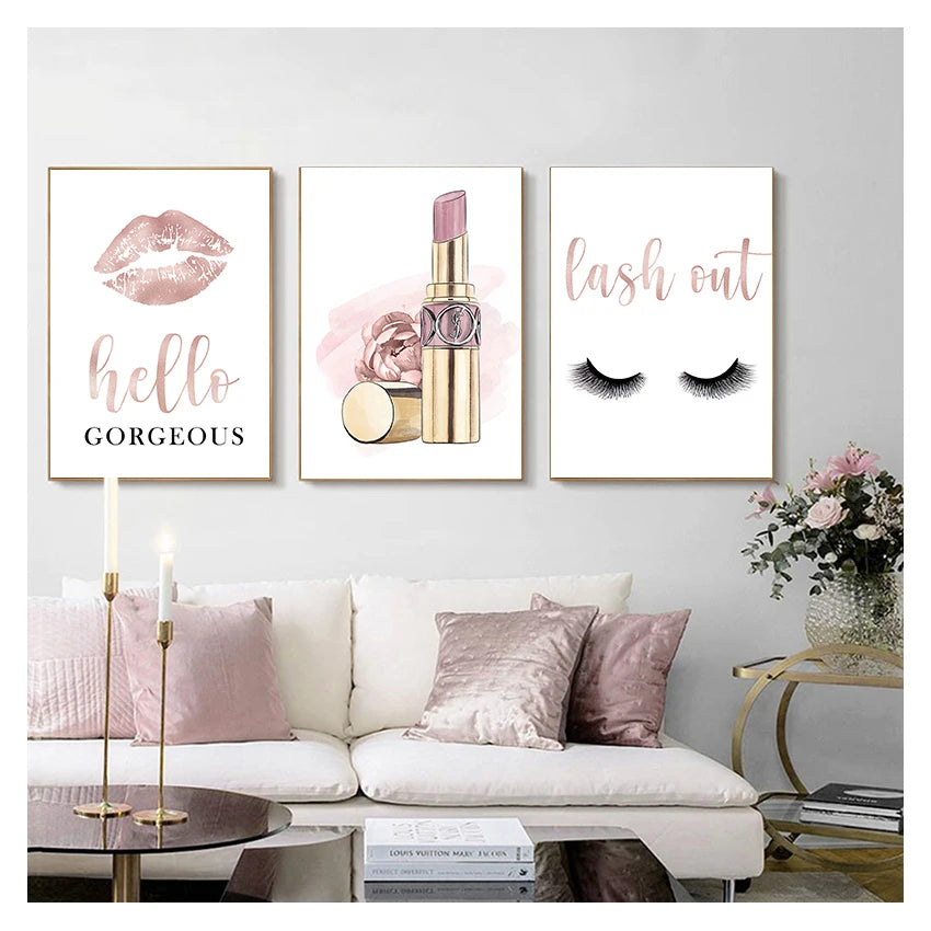 Lipstick Lashes Pink Golden Paris Fashion Wall Art Fine Art Canvas Prints Chic Pictures For Girls Bedroom Boutique Salon Art Decor 2025