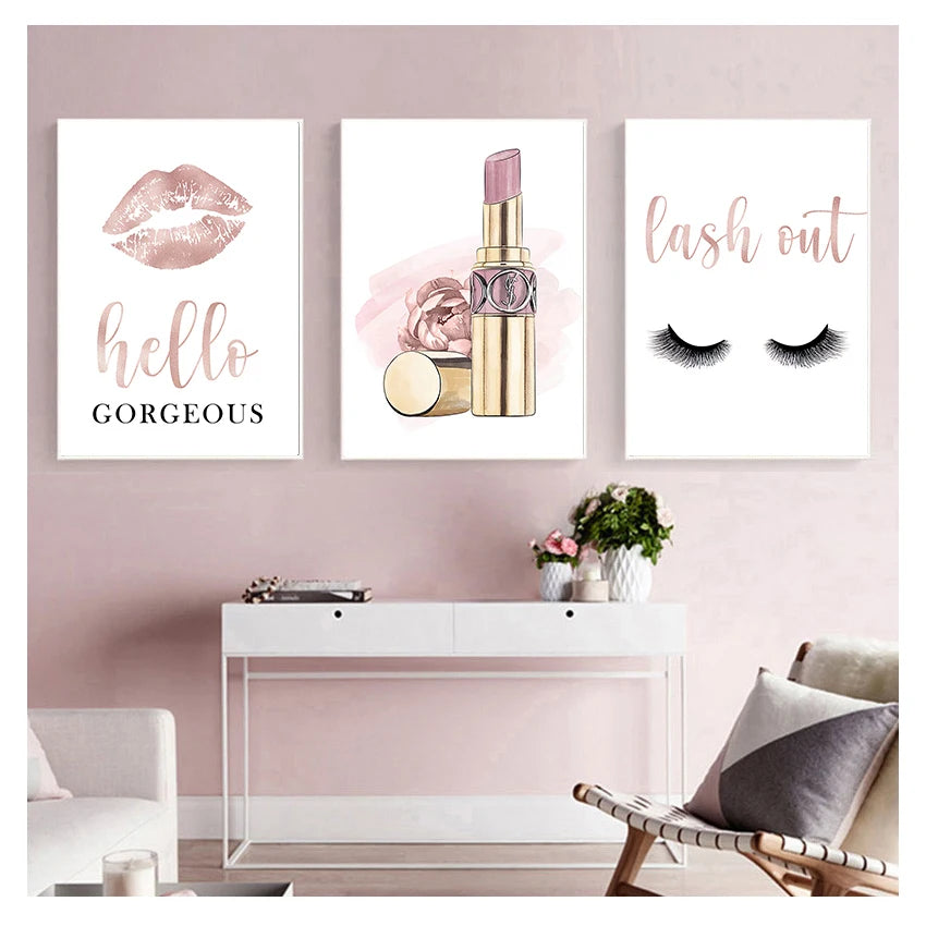 Lipstick Lashes Pink Golden Paris Fashion Wall Art Fine Art Canvas Prints Chic Pictures For Girls Bedroom Boutique Salon Art Decor 2025
