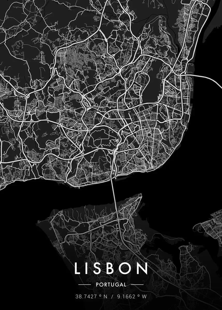 Map of Lisbon, Portugal on a black background