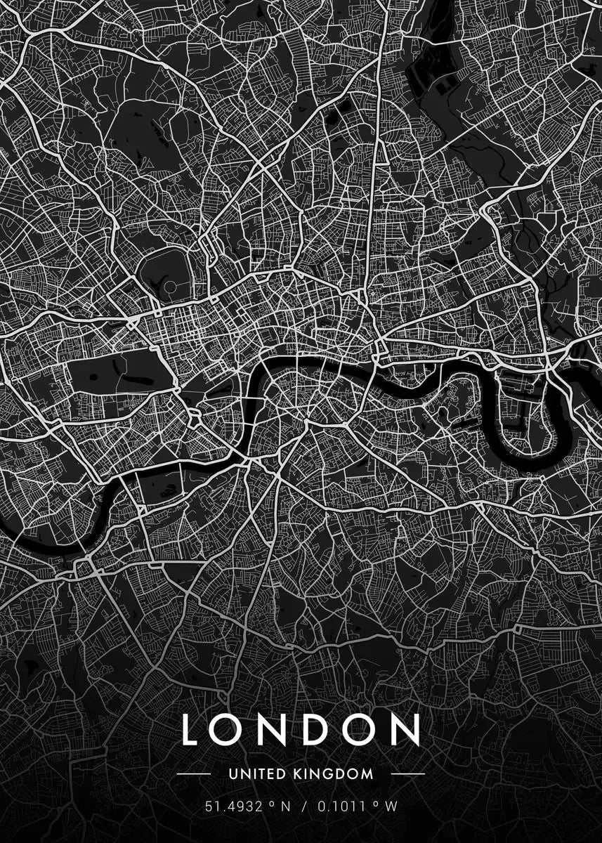 Black and white map of London with the River Thames