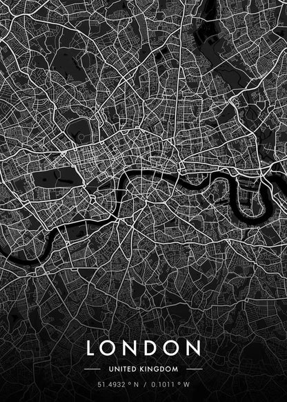 Black and white map of London with the River Thames
