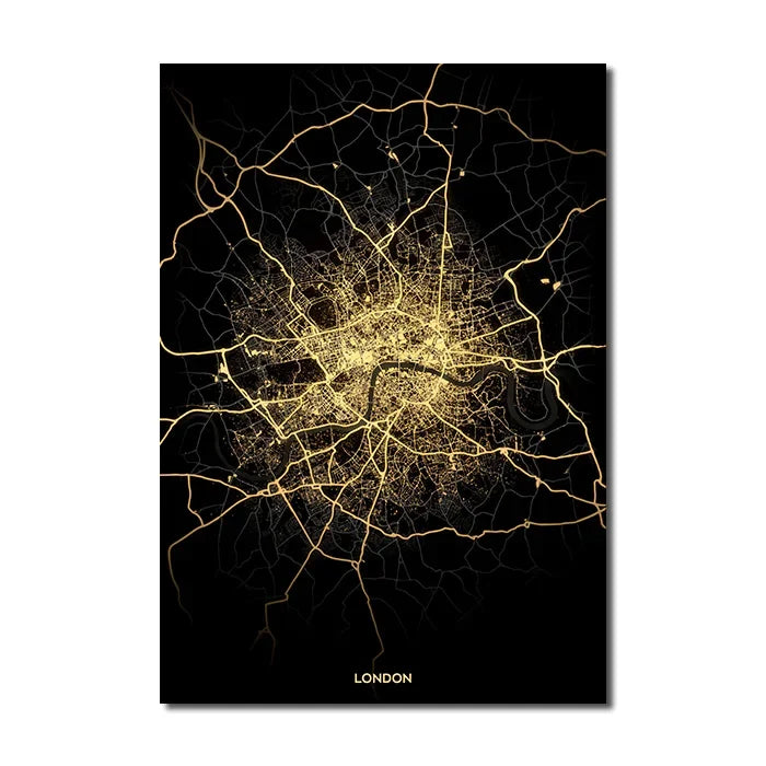 London Paris Amsterdam City Map Wall Art Fine Art Canvas Prints Modern Black Golden Minimalist Posters For Home and Office Decor
