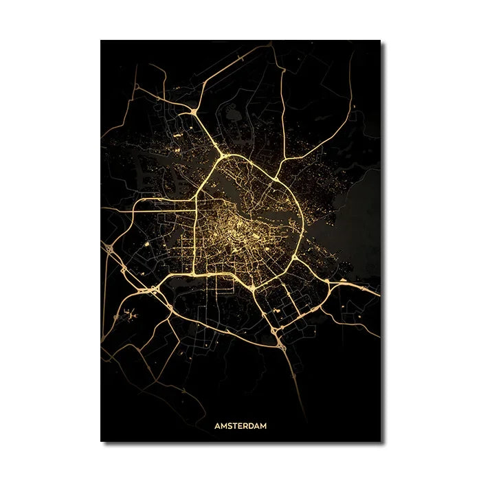 London Paris Amsterdam City Map Wall Art Fine Art Canvas Prints Modern Black Golden Minimalist Posters For Home and Office Decor