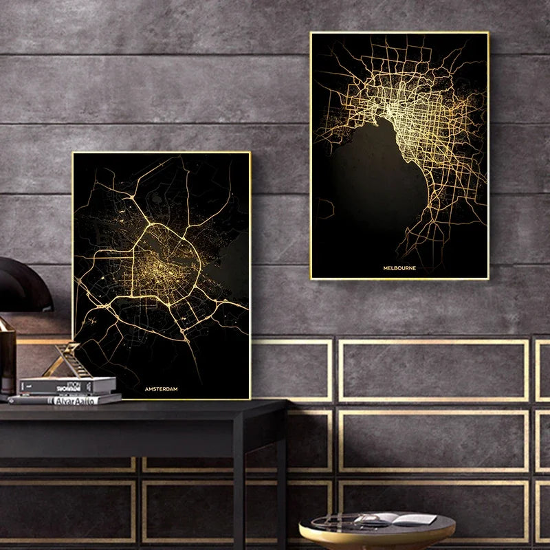 London Paris Amsterdam City Map Wall Art Fine Art Canvas Prints Modern Black Golden Minimalist Posters For Home and Office Decor