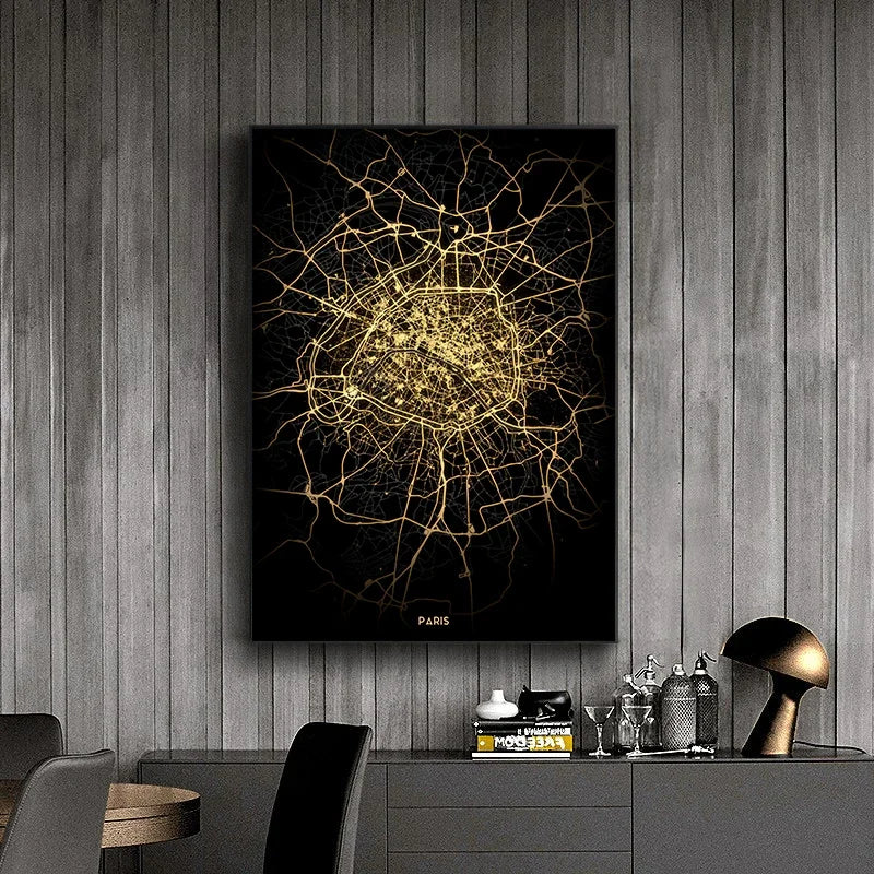 London Paris Amsterdam City Map Wall Art Fine Art Canvas Prints Modern Black Golden Minimalist Posters For Home and Office Decor