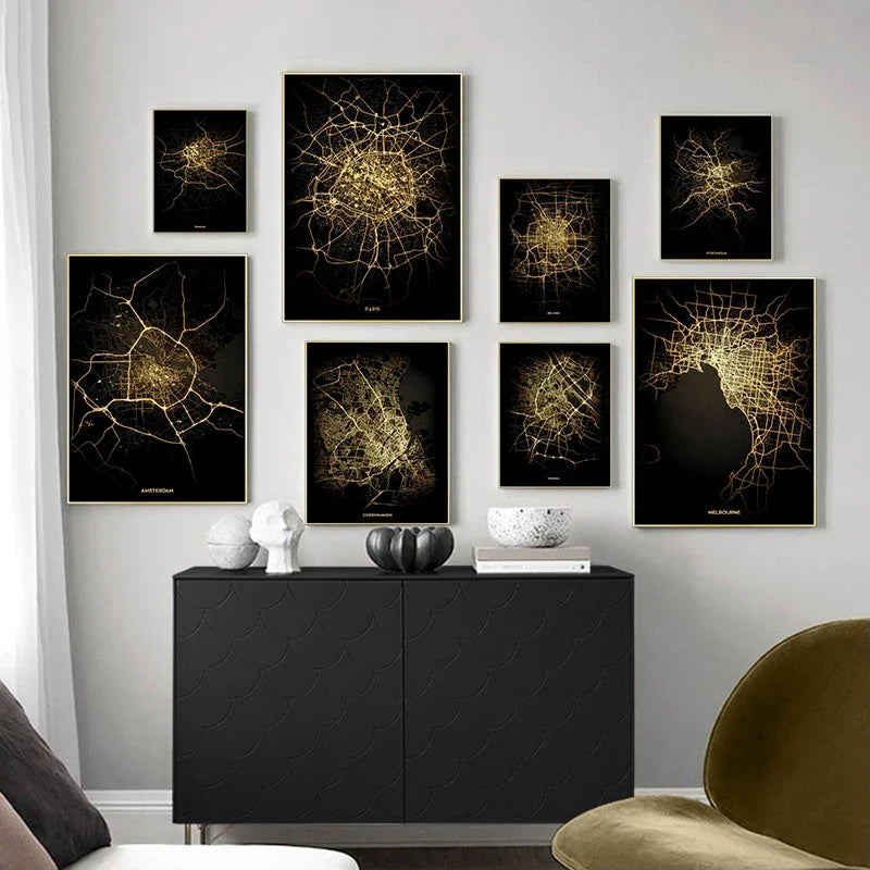 London Paris Amsterdam City Map Wall Art Fine Art Canvas Prints Modern Black Golden Minimalist Posters For Home and Office Decor