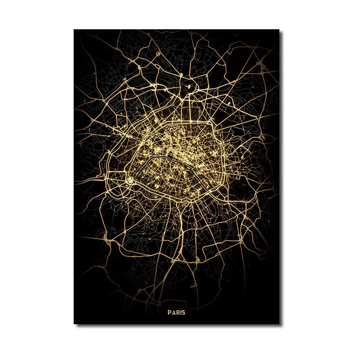London Paris Amsterdam City Map Wall Art Fine Art Canvas Prints Modern Black Golden Minimalist Posters For Home and Office Decor