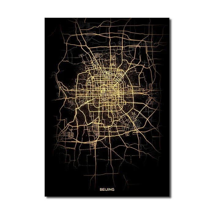 London Paris Amsterdam City Map Wall Art Fine Art Canvas Prints Modern Black Golden Minimalist Posters For Home and Office Decor