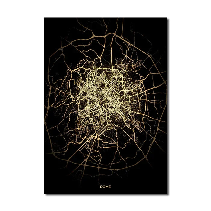 London Paris Amsterdam City Map Wall Art Fine Art Canvas Prints Modern Black Golden Minimalist Posters For Home and Office Decor