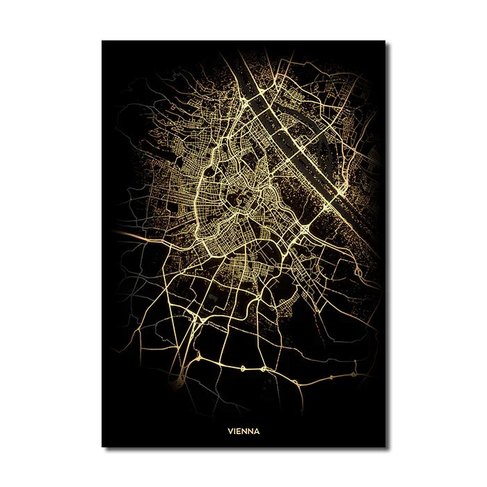 London Paris Amsterdam City Map Wall Art Fine Art Canvas Prints Modern Black Golden Minimalist Posters For Home and Office Decor
