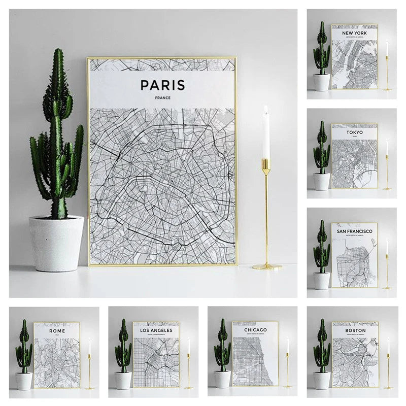 London, Paris, Amsterdam, New York City Wall Map Art Posters Modern City Map Art Abstract Minimalist Black White Canvas Posters Prints Pictures for Modern Home Office Decoration