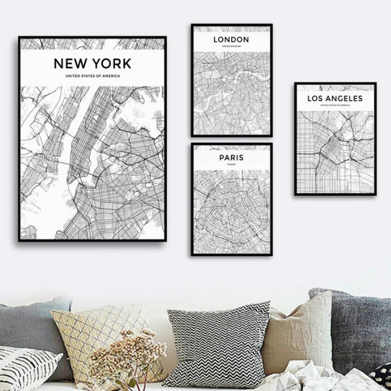 London, Paris, Amsterdam, New York City Wall Map Art Posters Modern City Map Art Abstract Minimalist Black White Canvas Posters Prints Pictures for Modern Home Office Decoration