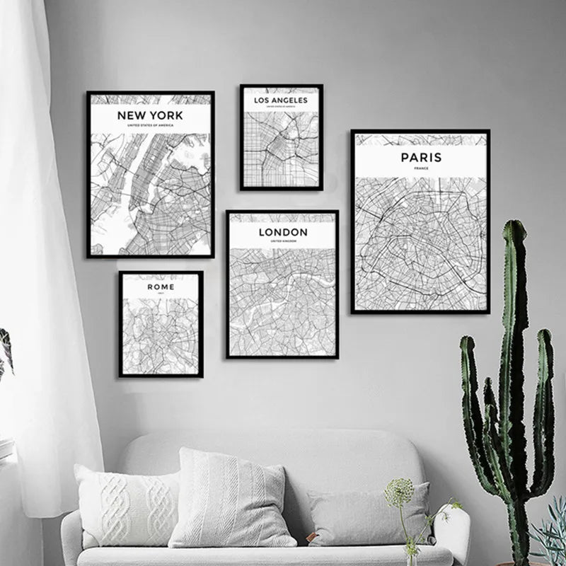 London, Paris, Amsterdam, New York City Wall Map Art Posters Modern City Map Art Abstract Minimalist Black White Canvas Posters Prints Pictures for Modern Home Office Decoration
