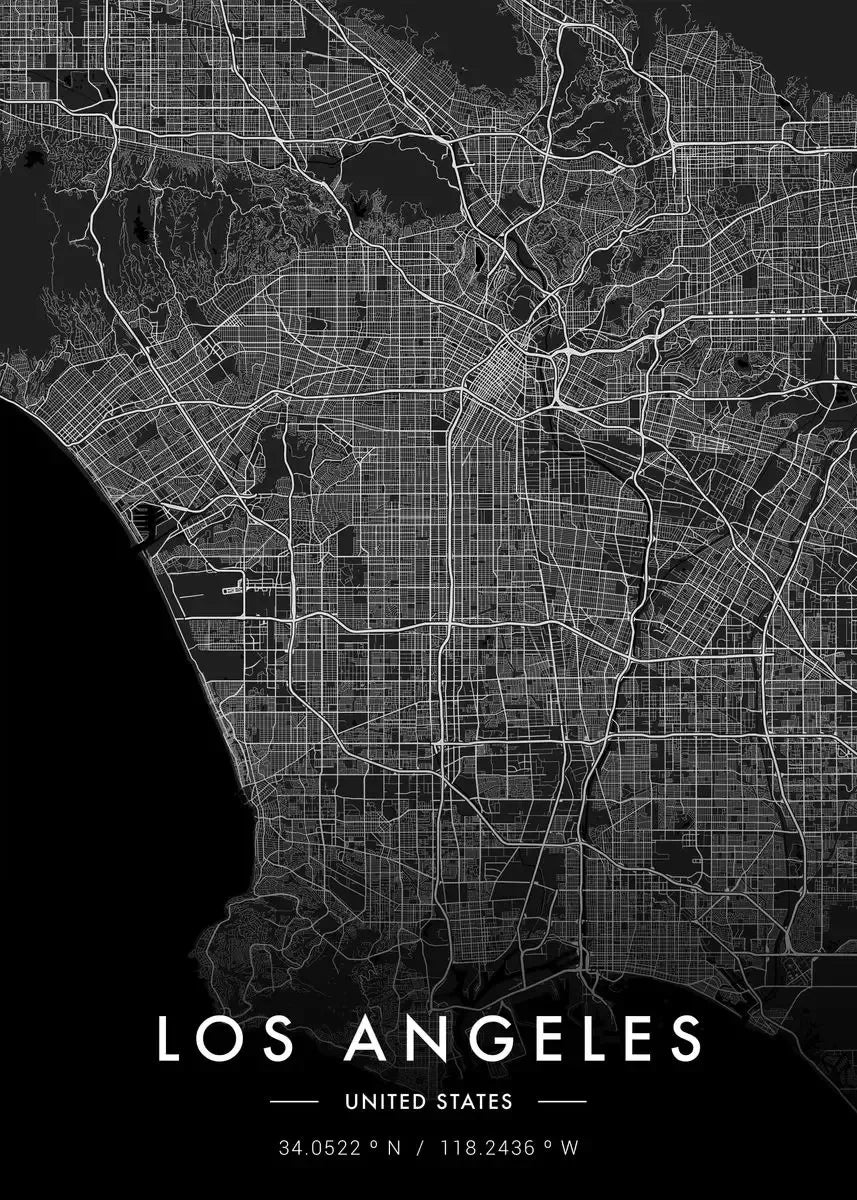 Black and white map of Los Angeles with city name and coordinates.